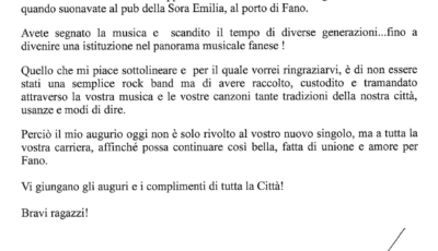 La Borghetti Bugaron Band pubblica online la lettera del Sindaco di Fano Massimo Seri con i suoi complimenti per i 35 anni di musica del gruppo