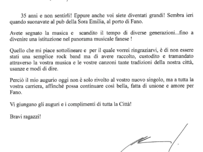 La Borghetti Bugaron Band pubblica online la lettera del Sindaco di Fano Massimo Seri con i suoi complimenti per i 35 anni di musica del gruppo