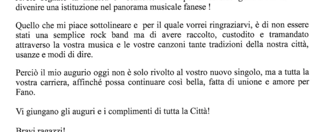 La Borghetti Bugaron Band pubblica online la lettera del Sindaco di Fano Massimo Seri con i suoi complimenti per i 35 anni di musica del gruppo